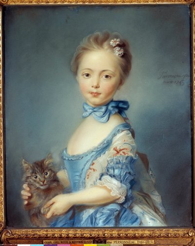 Portret młodej dziewczyny z kotem Malarstwo pastelami Jean-Baptiste Perroneau (Jean Baptiste Perronneau) (1715-1783) autorstwa Jean Baptiste Perronneau
