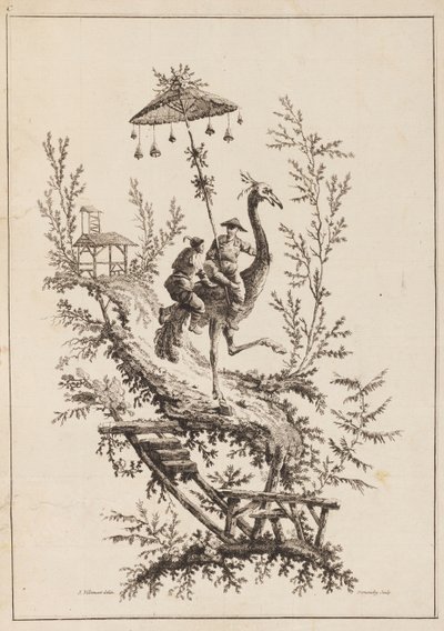 Strusie Rirders, talerz z zestawu przedstawień Chinoiserie autorstwa Jean Baptiste Pillement