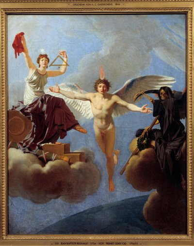 La Liberte ou la Mort Allegorie de la Liberte po lewej, pokryta Diademe de la Reason, dziedzictwem Siecle des Lumieres. Lewą ręką dzierży kwadrat i ołowiany drut symbolizujący równość w obywatelstwie. Zawiera wartości t autorstwa Jean Baptiste Regnault