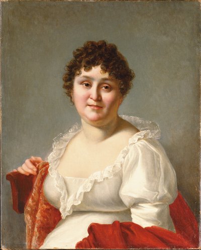 Portret Madame Regnault, do biustu, w białej sukni i persimmonowym szalu (olej na płótnie) autorstwa Jean Baptiste Regnault