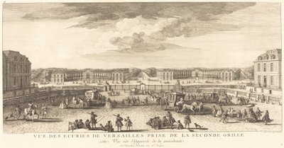 Widok stajni wersalskich z drugiej bramy autorstwa Jean Baptiste Rigaud