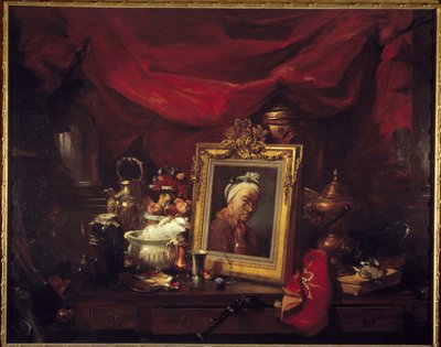 Chardin i jego modele. Tabela w tablicy (abyme). Obraz przedstawiający Jeana Baptiste Simeona Chardina (1699-1779) otacza martwe natury. Obraz Philippe Rousseau (1816-1887) 1867 Nd. 1,77x2,26 m Paryż, musee d
