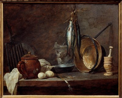 Menu chudego i przyborów kuchennych. Martwa natura. Obraz Jeana Baptiste Simeona Chardina (1699-1779) autorstwa Jean Baptiste Simeon Chardin