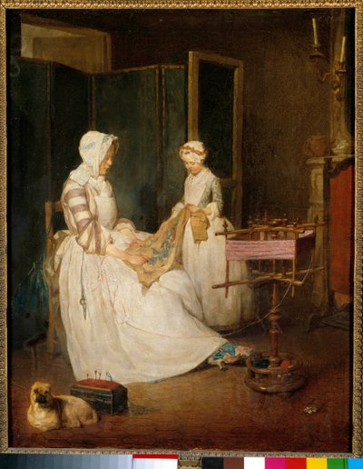 Pracująca matka Matka, której córka pomagała w haftowaniu i używaniu chedderu. Obraz Jeana Baptiste Simeona Chardina (1699-1779) XVIII w. Słońce. 0,4x0,39 m² autorstwa Jean Baptiste Simeon Chardin