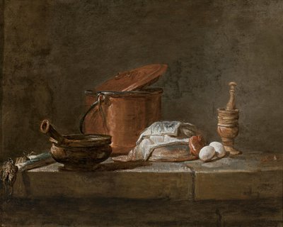 Pory, zapiekanka ze ściereczką, miedziany garnek i pokrywka, cebula i jajka z tłuczkiem i moździerzem, na kamiennej półce autorstwa Jean-Baptiste Simeon Chardin