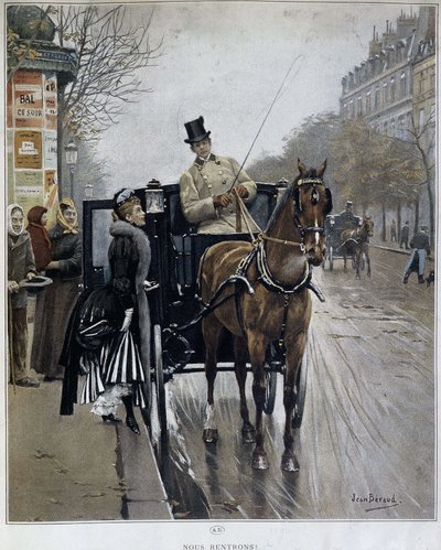 Elegancka kobieta w powozie w Paryżu: „Powracamy” - ilustracja Jean BERAUD (1849 - 1935), koniec XIX wieku. autorstwa Jean Beraud