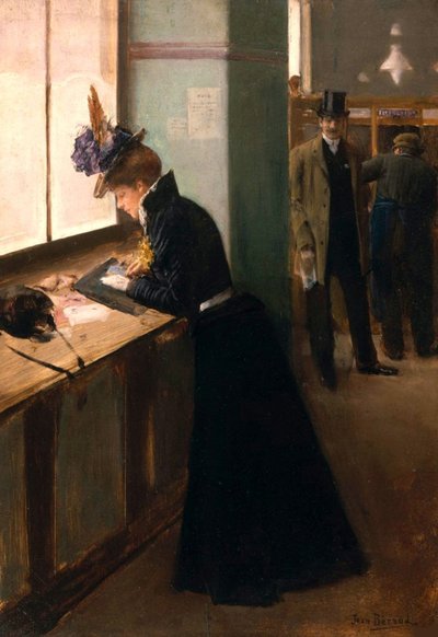 W telegrafie. autorstwa Jean Beraud