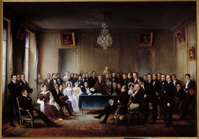 Poeta i dramaturg Francois Guillaume Andrieux czyta swoją tragedię Junius Brutus „” w foyer w Komedii Francuskiej w dniu 26.05.1828” Wśród prezentów Alexandre Dumas, Pierre Nicolas Michelot, Jean Francois Becquerel, Firmin, Victor Hugo, Eugene autorstwa Jean Beraud