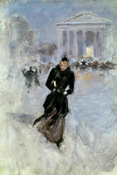 Młoda elegancka kobieta na boa na rue Royale w Paryżu Malarstwo Jean Beraud (1849-1935) 20th century Tours, Musee des Beaux Arts autorstwa Jean Beraud