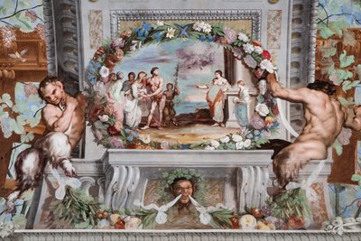 Bachus, wraz ze swoimi starymi pielęgniarkami i satyrem, prosi Medeę opartą o kolumnę o odmłodzenie kobiet autorstwa Jean Boulanger
