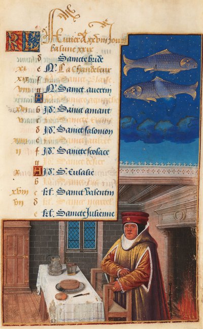 Godzinki Ludwika XII (dawniej Godzinki Henryka VII), liść kalendarza na miesiąc luty, ok. 1490-1510 (tempera na welonie) autorstwa Jean Bourdichon