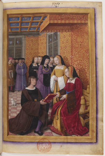 Miniatura dedykacji Voyage de Gênes: Jean Marot prezentuje swoje dzieło Annie z Bretanii autorstwa Jean Bourdichon