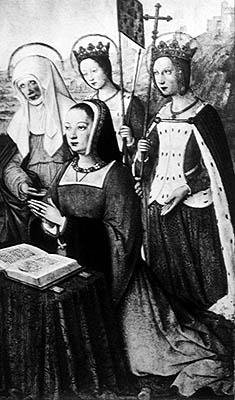 Ms lat 9474 f.3v Anne Bretanii ze św. Anną, św. Urszulą i św. Heleną, miniatura z Grandes Heures of Anne of Bretany, c.1503-8 (patrz także 151193) autorstwa Jean Bourdichon