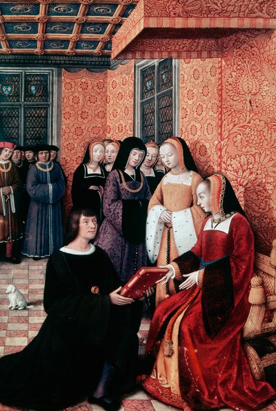 Poeta Jean Marot (1450-1526) przekazał Annie Bretanii (1477-1514), ok. 1508 swoją pracę Podróż do Genui, miniaturę Jeana Bourdichon (1457-1521). Francja autorstwa Jean Bourdichon