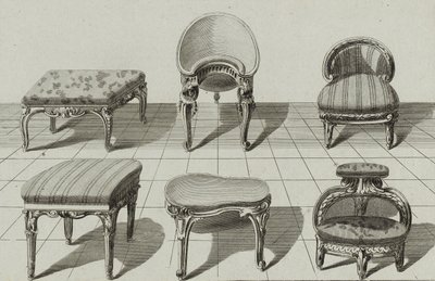 Taborety, bidety toaletowe, podnóżki, wydana w połowie lat siedemdziesiątych (rycina na papierze czerpanym) autorstwa Jean Charles (after) Delafosse
