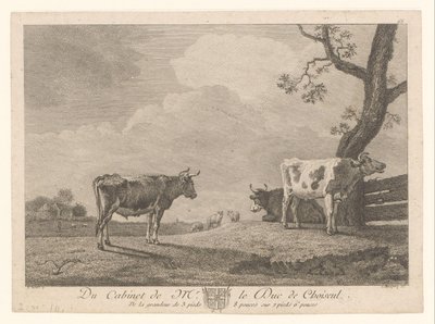 Trzy krowy na łące Prace z kolekcji Étienne François de Choiseul (tytuł serii) Du szafka de mr. le Duc de Choiseul (tytuł serii na obiekcie) autorstwa Jean Charles Baquoy