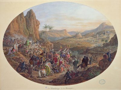 Projekt zestawu talerzy przedstawiających „Pielgrzymkę do Mekki”, dla Manufacture de Sevres, ok. 1839-40 (gwasz na papierze) autorstwa Jean Charles Develly