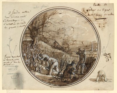 Rysunek, projekt malowanego porcelanowego talerza, cięcie i praca w winnicy, 1819-20 autorstwa Jean Charles Develly