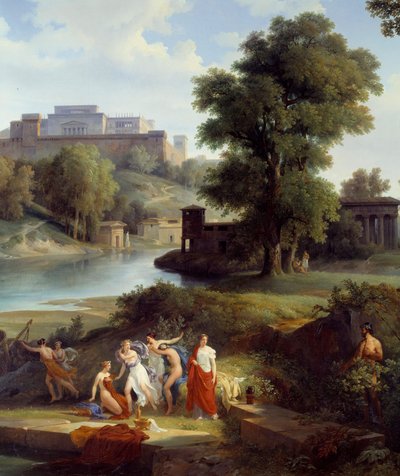 Odyssee of Homere: „”Ulisses widzi Nausicaa, córkę króla Alcynoosa, grającą w piłkę ze swoimi zwolennikami”” Szczegół. Obraz Jeana Charlesa Remonda (1795-1875) 1830 Nantes, Musee des Beaux Arts autorstwa Jean Charles Joseph Rémond