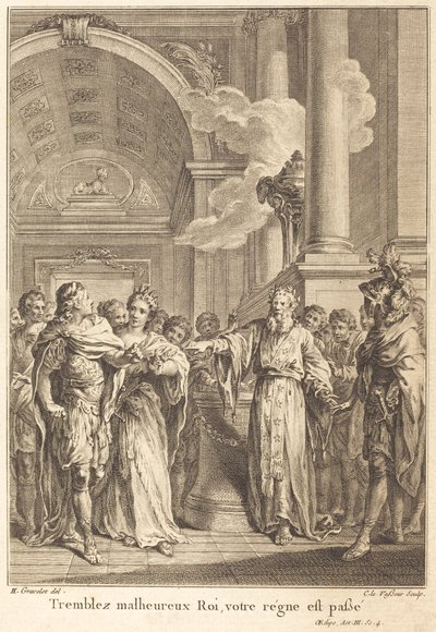 Drżyj nieszczęśliwy królu, twoje panowanie minęło autorstwa Jean Charles Levasseur after Hubert François Gravelot