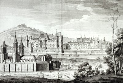 Widok opactwa Saint-Germain-des-Pres, Luwru, Petit Bourbon, Montmartre i Sekwany w 1410 r., rytowany przez Antoine Herisset (1685-1769) autorstwa Jean Chaufourier