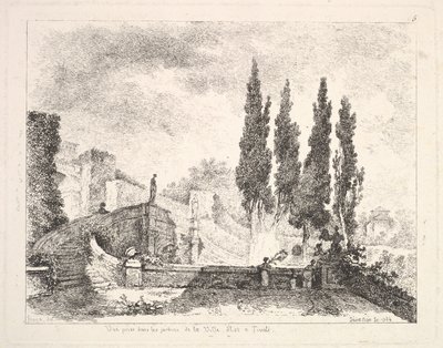 Widok na ogrody Villa dEste w Tivoli, drzewa cypryjskie po prawej, schody prowadzą..., 1764. autorstwa Jean Claude Richard Saint Non