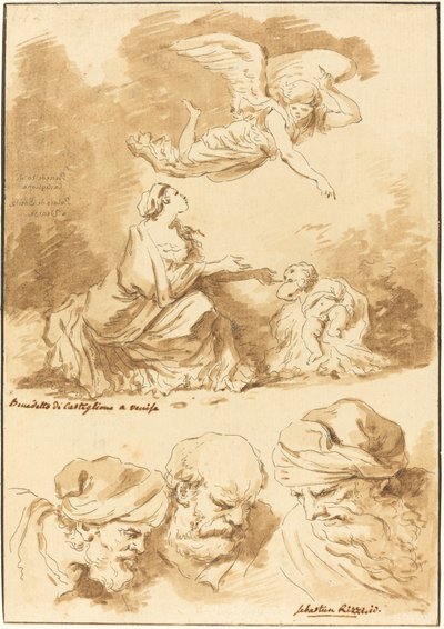 Hagar pocieszana przez anioła (z obrazu Castiglione) i Trzy głowy starców (z obrazu Ricci o Jezusie i cudzołożnicy) autorstwa Jean Claude Richard de Saint Non after Jean Honoré Fragonard
