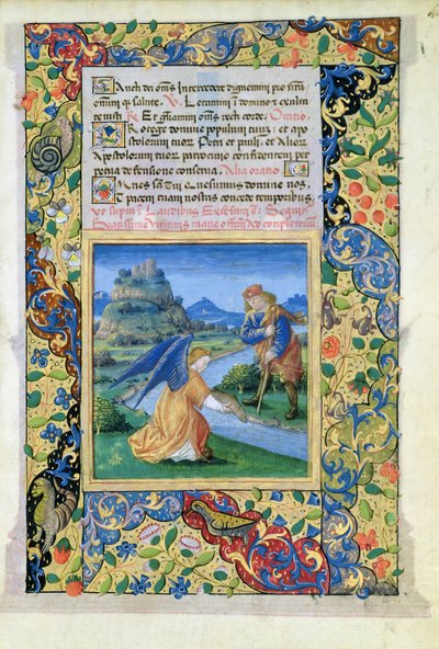 Pani Lat.Q.v.I.126 f.40 Tobiasz i Anioł, z Księgi Godzin Louisa dOrleansa, 1469 autorstwa Jean Colombe
