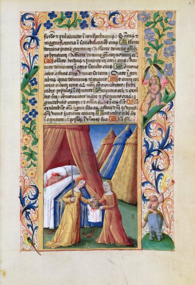 Ms Lat. Q.v.I.126 f.47 Judyta z głową Holofernesa, z "Księgi godzin Ludwika Orleańskiego". autorstwa Jean Colombe