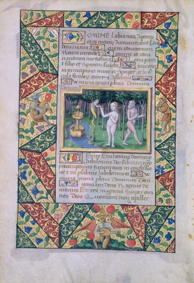 Pani Lat. Q.v.I.126 fol.12v Kuszenie w Ogrodzie Eden, z Księgi Godzin Ludwika dOrleans, 1490 autorstwa Jean Colombe