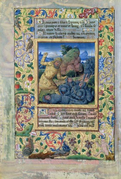 Ms. Lat. Q.v.I.126 fol.31v Goliat zabijający izraelskich żołnierzy, z "Godzinek Ludwika Orleańskiego". autorstwa Jean Colombe