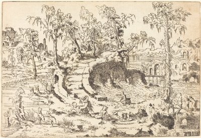 Putti bawi się w fantazyjnym krajobrazie autorstwa Jean Cousin the Younger