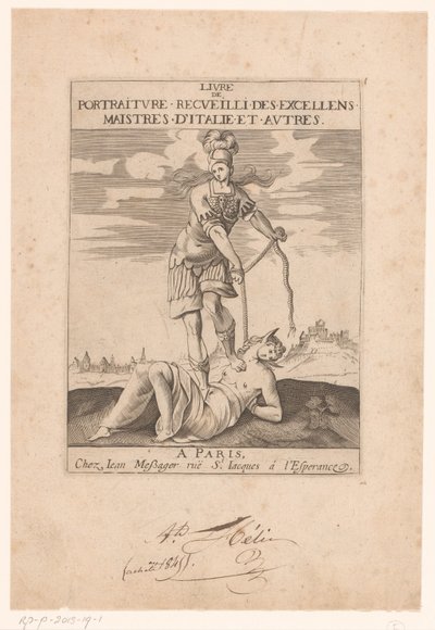 Minerva wiąże Głupotę liną Strona tytułowa dla: s.n., Livre de portraiture receuilli des excellens maistres d