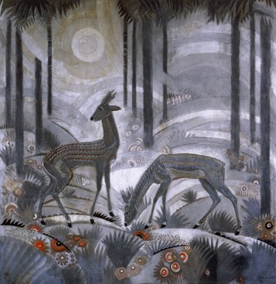 Dwa jelenie w lesie, ok. 1929 (lakierowany panel drewniany) autorstwa Jean Dunand
