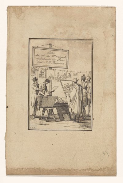 Stoisko sprzedawcy druku Suite des cris des marchands ambulants de Paris (tytuł serii na obiekcie) autorstwa Jean Duplessis Bertaux