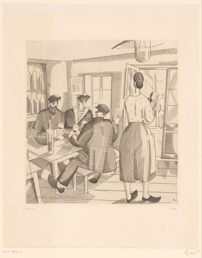Wnętrze kawiarni z klientami i kelnerką Kabaret Vendeen autorstwa Jean Emile Laboureur (signed by artist)