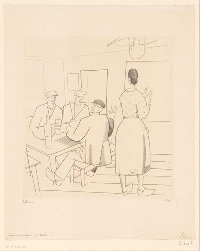 Wnętrze kawiarni z klientami i kelnerką Kabaret vendéen (tytuł na obiekcie) autorstwa Jean Emile Laboureur (signed by artist)