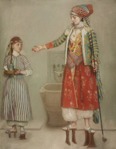 Dama w stroju tureckim ze służącą w łaźni tureckiej, połowa XVIII w. autorstwa Jean Étienne Liotard