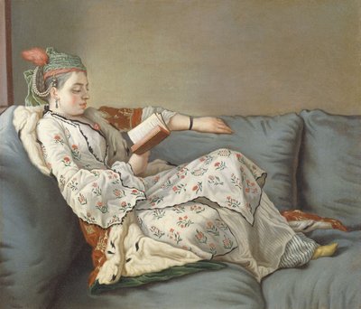 La Sultane Lisant, Dama w tureckim stroju czytająca na kanapie, autorstwa Jean Étienne Liotard