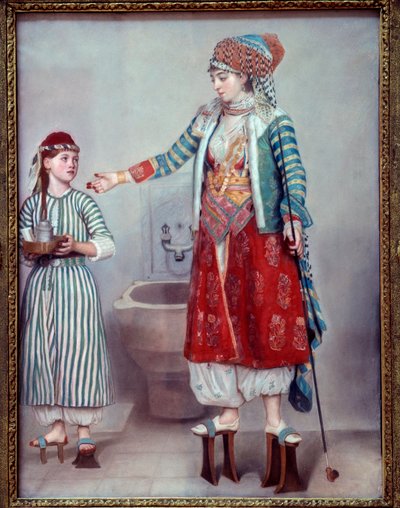 Orientalizm: „”Francuska dama ubrana w Turka i jej niewolnica”” Dwie kobiety noszą drewniane platformy używane w łaźni tureckiej. Obraz pastelowy Jean Etienne Liotard (1702-1789) 1742 wym. 0,71 x 0,53 m Genewa, musee d