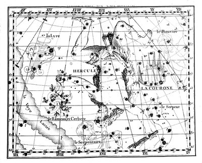 Mapa astronomiczna, wyśrodkowana na gwiazdozbiorze Herkulesa, 1775 autorstwa Jean Fortin