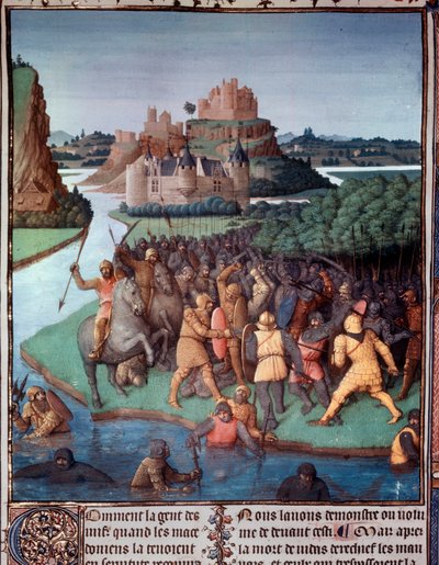 Bitwa między Żydami i Macedończykami Miniatura zaczerpnięta z „Księgi starożytnych Żydów” (Starożytności judaistyczne) Jeana Fouqueta (1420-1481) XV-wieczny Paryż, B.N. autorstwa Jean Fouquet