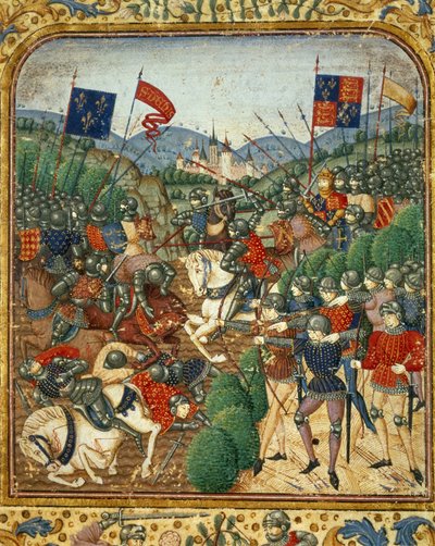 Bitwa pod Azincourt (1415). W czasie wojny stuletniej Henryk V pokonał francuską partię Armagnacs – w „Grandes Chronicles de France” Jeana Fouqueta, około 1467-1476). Biblioteka Wiktorii i Alberta autorstwa Jean Fouquet