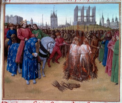 Potępienie i tortury Amauryjczyków (zwolenników Amaury de Chartres, francuskiego filozofa i teologa XII wieku) w obecności Filipa II znanego jako Philip Auguste (1165-1223). Rękopis „” Grandes Chronicles de France „” (Folio 236 autorstwa Jean Fouquet