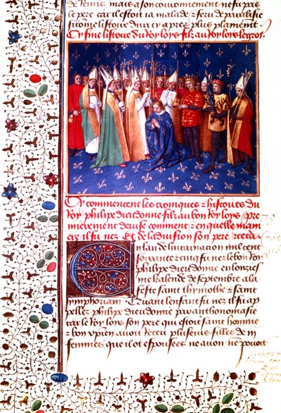Koronacja francuskiego króla Filipa II Augusta w 1179 r., ok. 1455-60 (miniatura) autorstwa Jean Fouquet