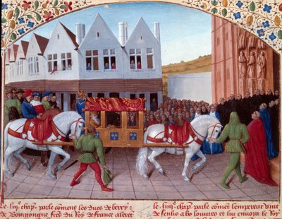 Wejście Karola IV (1316-1378) cesarza niemieckiego w 1378 r. w Saint-Denis. Miniatura z „Grandes Chronicles de France”” (Folio 442). Enlumine – Jean Fouquet (XV wiek) autorstwa Jean Fouquet