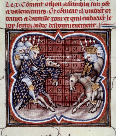 Wojna francusko-angielska (1202-1214): Bitwa pod Bouvines 27.07.1214 pomiędzy francuską armią Philippe Auguste a Flamandami i Welfami z Othona IV. Zwycięstwo francuskie było decydujące dla wyniku wojny. Miniatura z „Wielkich kronik Francji” b autorstwa Jean Fouquet