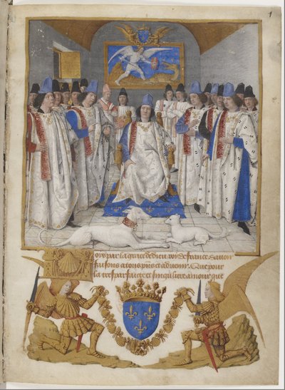 Frontispis do Statutów Zakonu Świętego Michała, kopia przeznaczona dla Ludwika XI. autorstwa Jean Fouquet