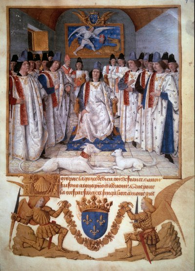 Odbyta kapituła Orderu Świętego Michała wokół Ludwika XI (1423-1483) Miniatura ze „Statutów Orderu Świętego Michała” Jeana Fouqueta (1420-1481) 1470 Paryż, B.N. autorstwa Jean Fouquet