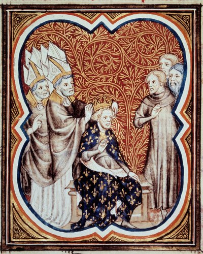 Le corre du roi Louis VI dit le Gros (1081-1137) Miniatura zaczerpnięta z „Les grandes chronicles de France” Jeana Fouqueta (1420-1481) XV-wieczny Paryż, B.N. autorstwa Jean Fouquet